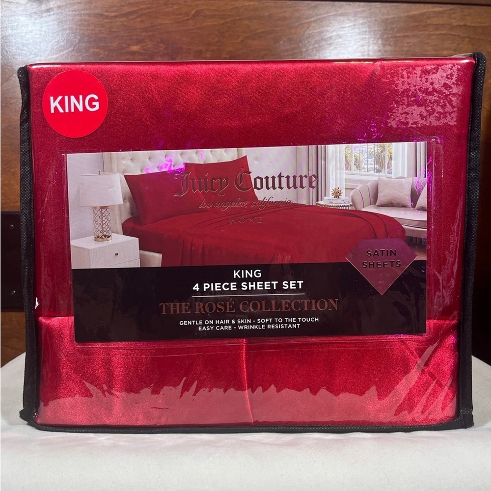 Juicy Couture king size red satin rosé collection sheet set Valentine’s Day